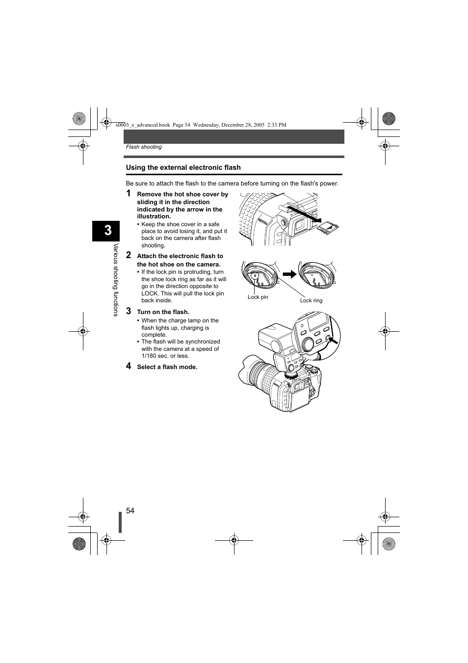 Using the external electronic flash | Olympus EVOLT E-330 User Manual | Page 54 / 196