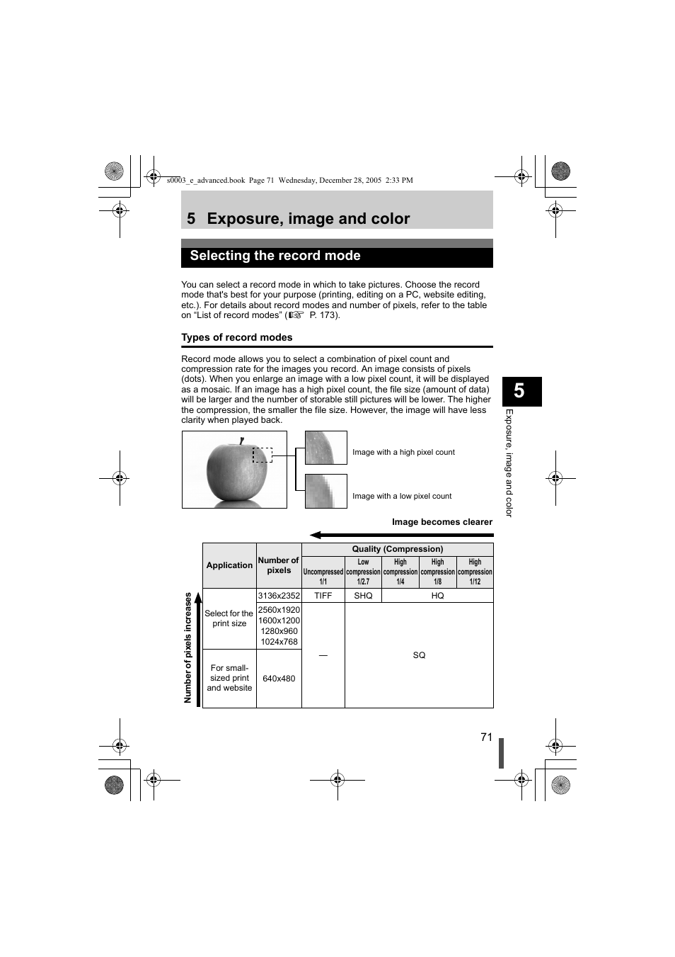 Selecting the record mode, Types of record modes, 5 exposure, image and color | Olympus EVOLT E-330 User Manual | Page 71 / 196