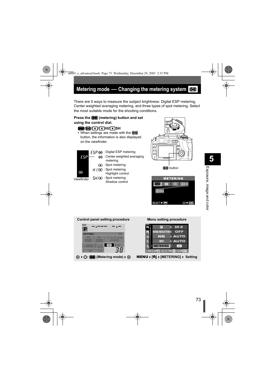 Metering mode, K changing the metering system, P. 73 | Metering mode k changing the metering system | Olympus EVOLT E-330 User Manual | Page 73 / 196