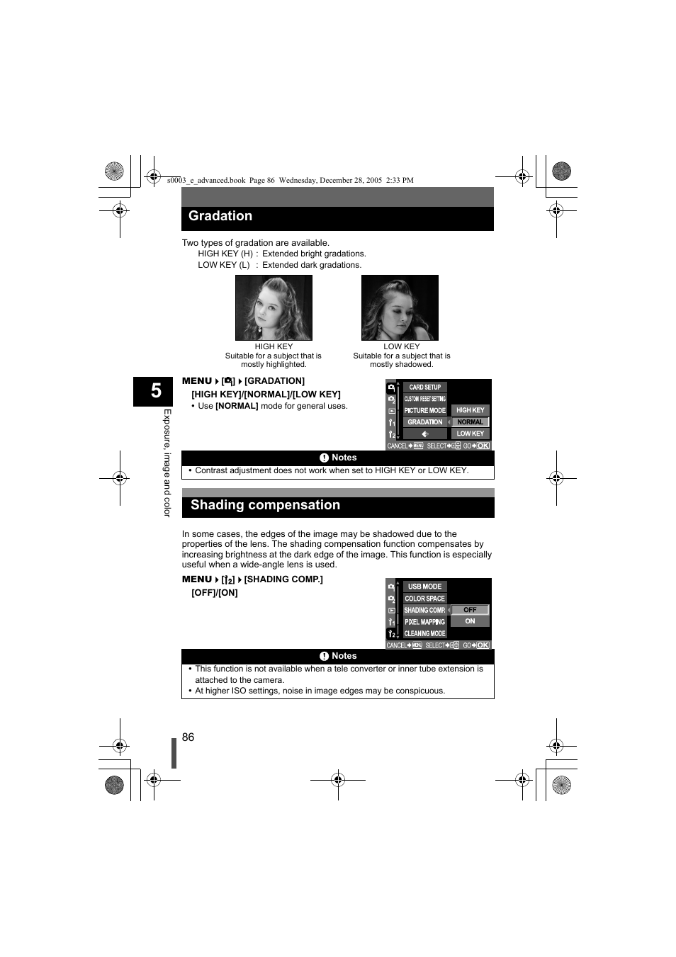 Gradation, Shading compensation | Olympus EVOLT E-330 User Manual | Page 86 / 196