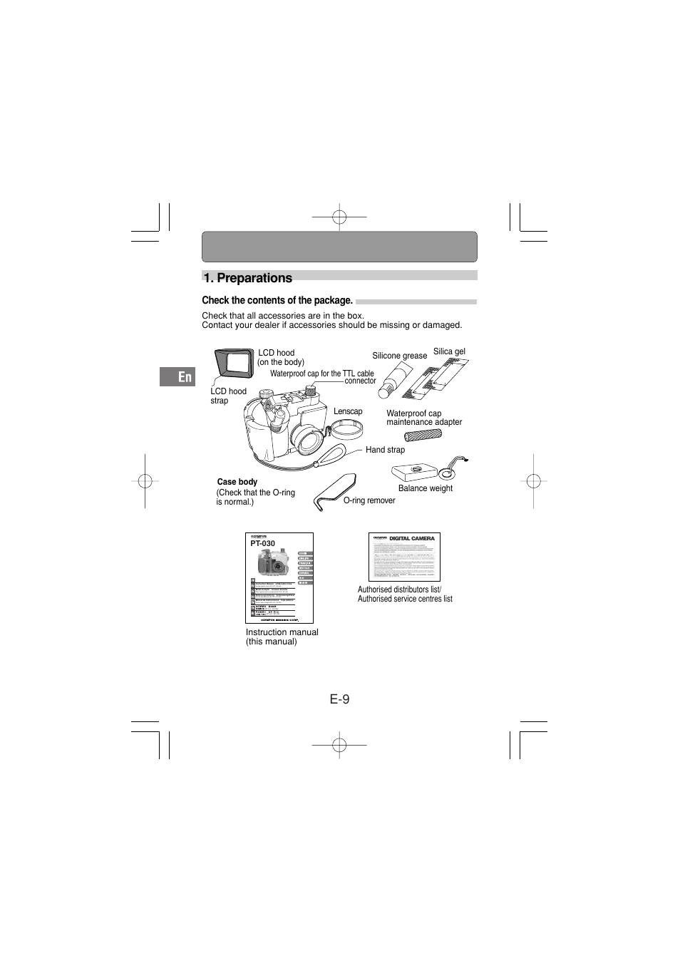 Preparations, Check the contents of the package, E-9 1. preparations | Olympus PT-030 User Manual | Page 10 / 44