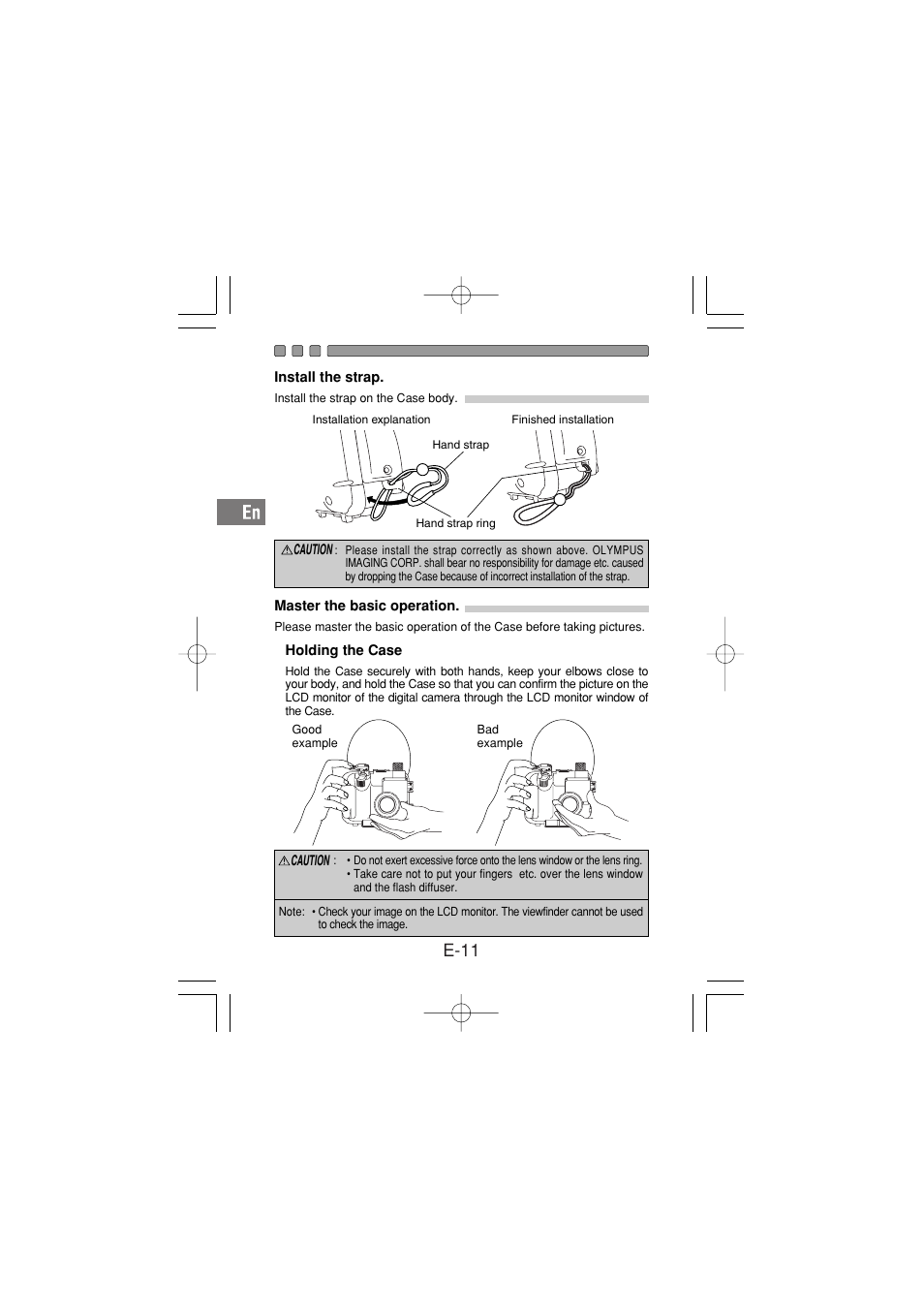 Install the strap, Master the basic operation, Holding the case | E-11 | Olympus PT-030 User Manual | Page 12 / 44