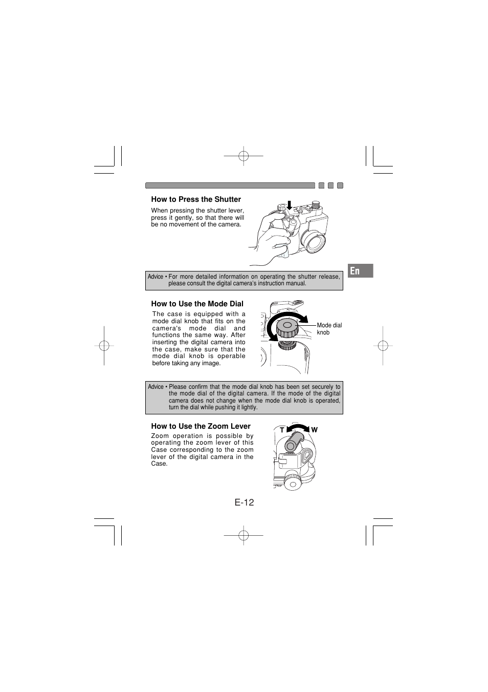 How to press the shutter, How to use the mode dial, How to use the zoom lever | E-12 | Olympus PT-030 User Manual | Page 13 / 44