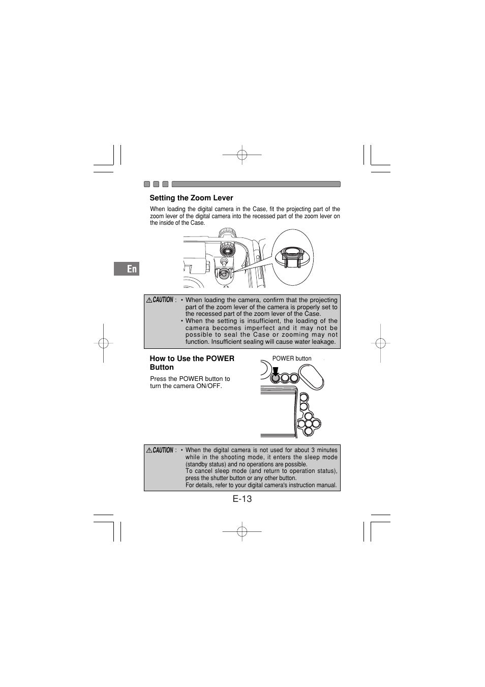 Setting the zoom lever, How to use the powerbutton, E-13 | Olympus PT-030 User Manual | Page 14 / 44