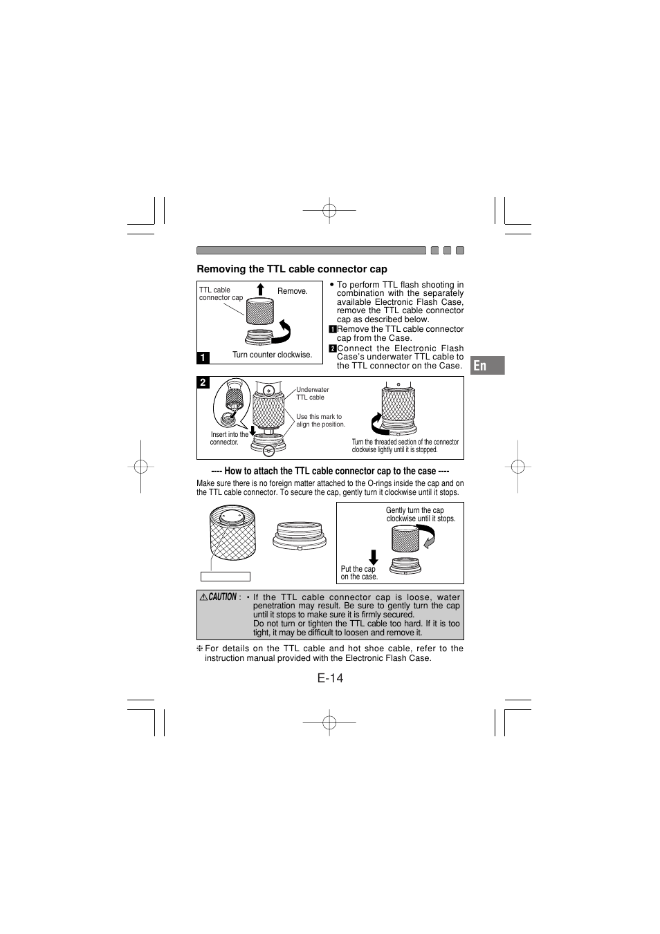 Removing the ttl cable connector cap, E-14 | Olympus PT-030 User Manual | Page 15 / 44