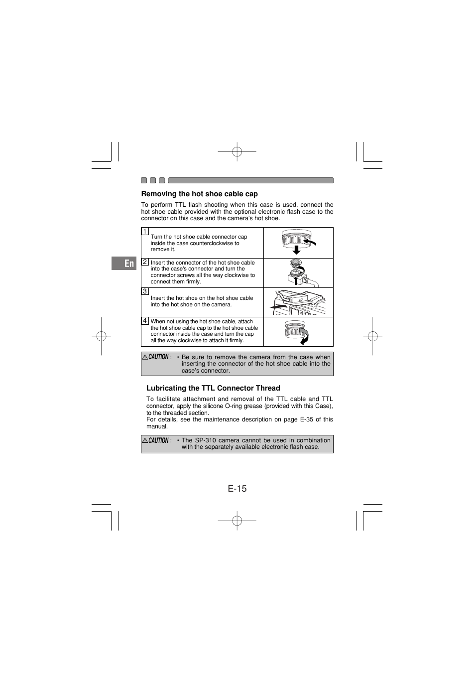 Removing the hot shoe cable cap, Lubricating the ttl connector thread, E-15 | Olympus PT-030 User Manual | Page 16 / 44