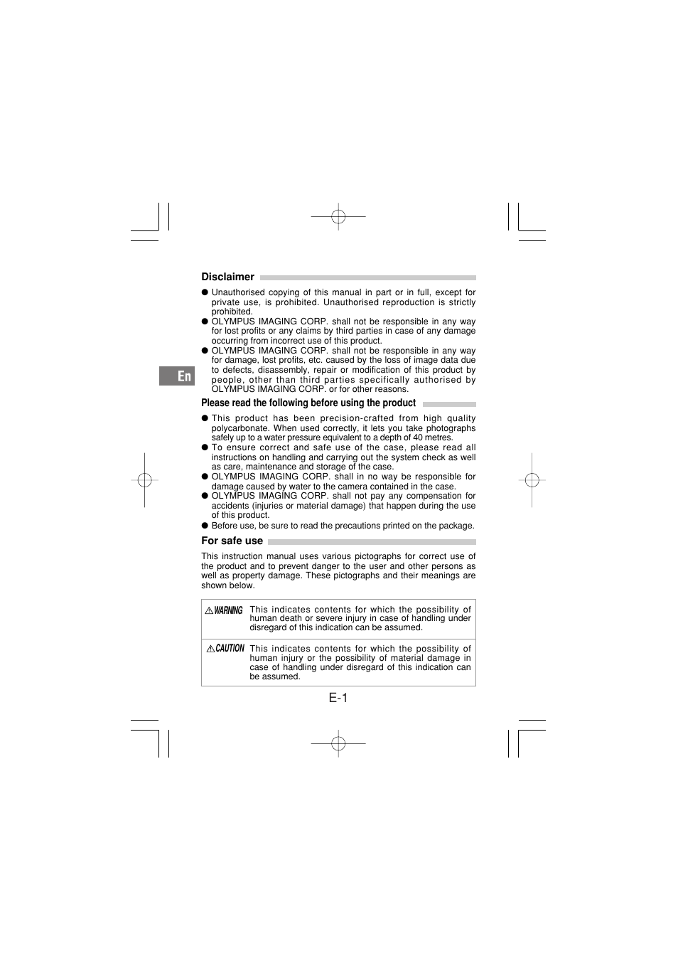 Disclaimer, Please read the following before using the product, For safe use | Olympus PT-030 User Manual | Page 2 / 44