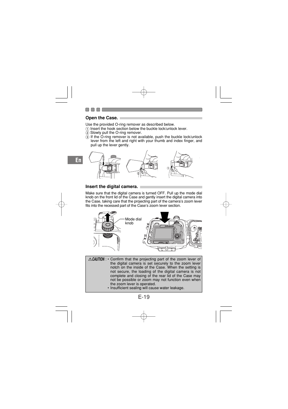 Open the case, Insert the digital camera, E-19 | Olympus PT-030 User Manual | Page 20 / 44