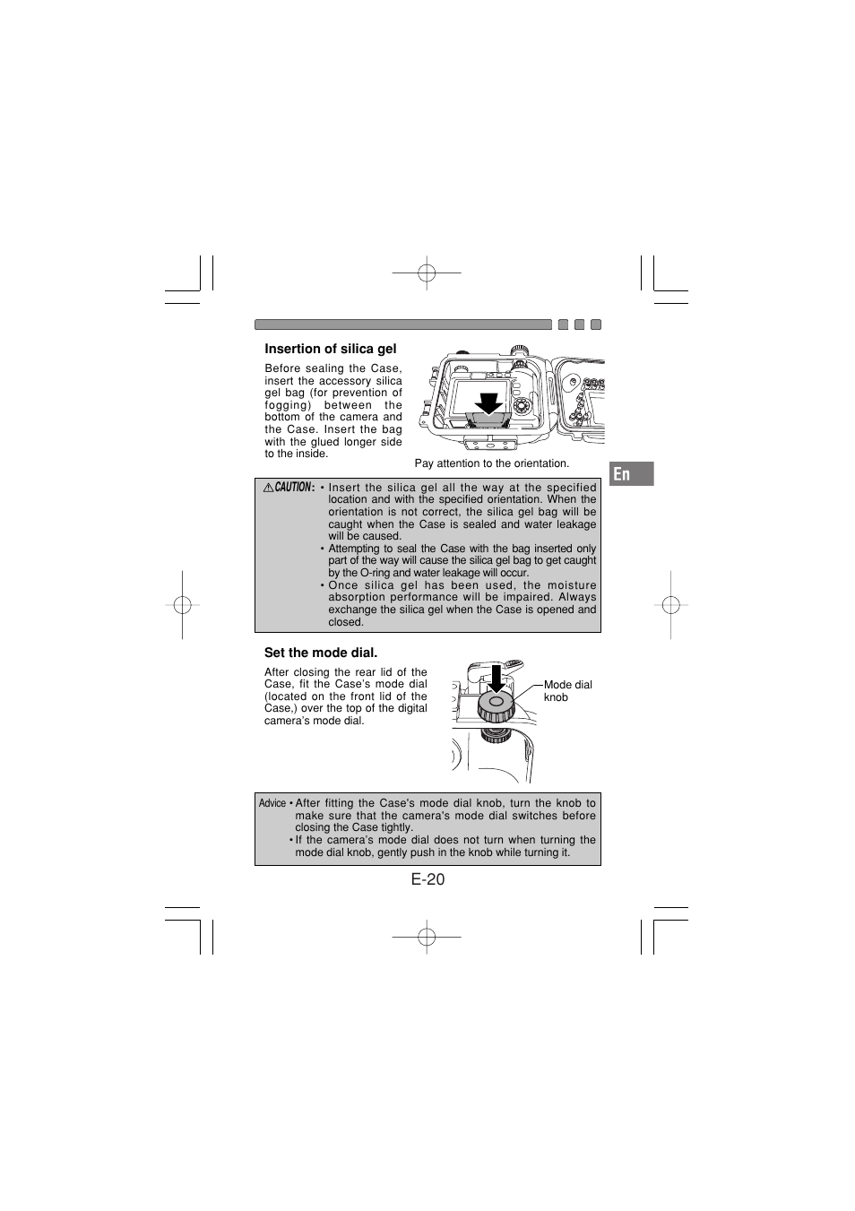 Insertion of silica gel, Set the mode dial, E-20 | Olympus PT-030 User Manual | Page 21 / 44