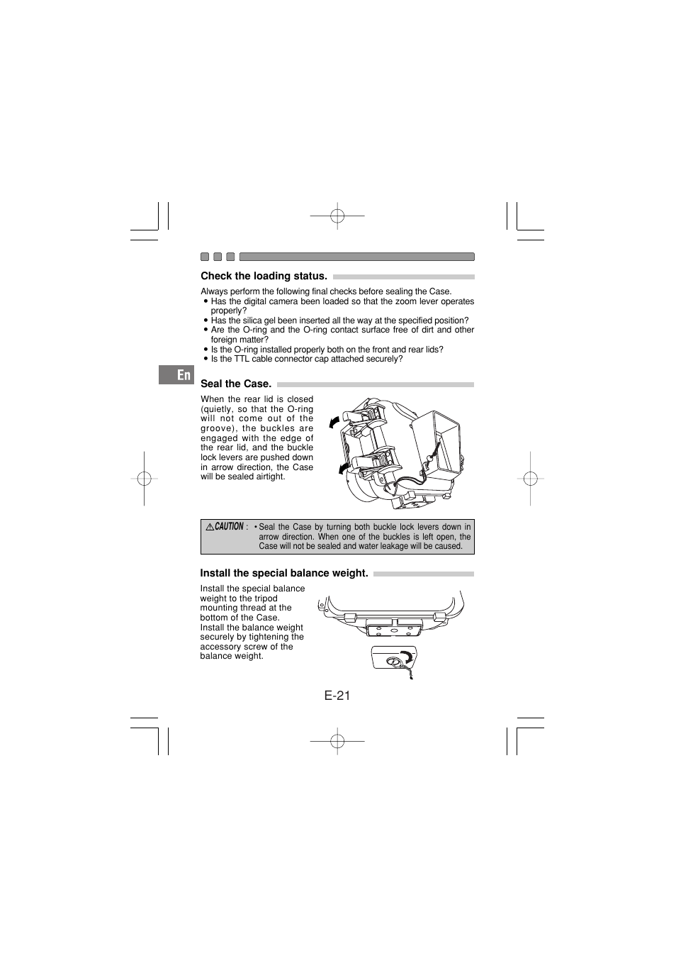 Check the loading status, Seal the case, Install the special balance weight | E-21 | Olympus PT-030 User Manual | Page 22 / 44