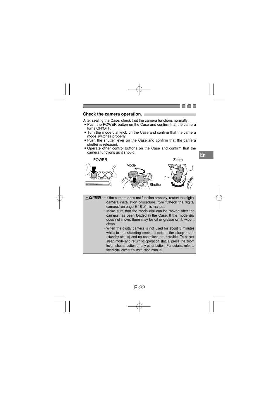 Check the camera operation, E-22 | Olympus PT-030 User Manual | Page 23 / 44