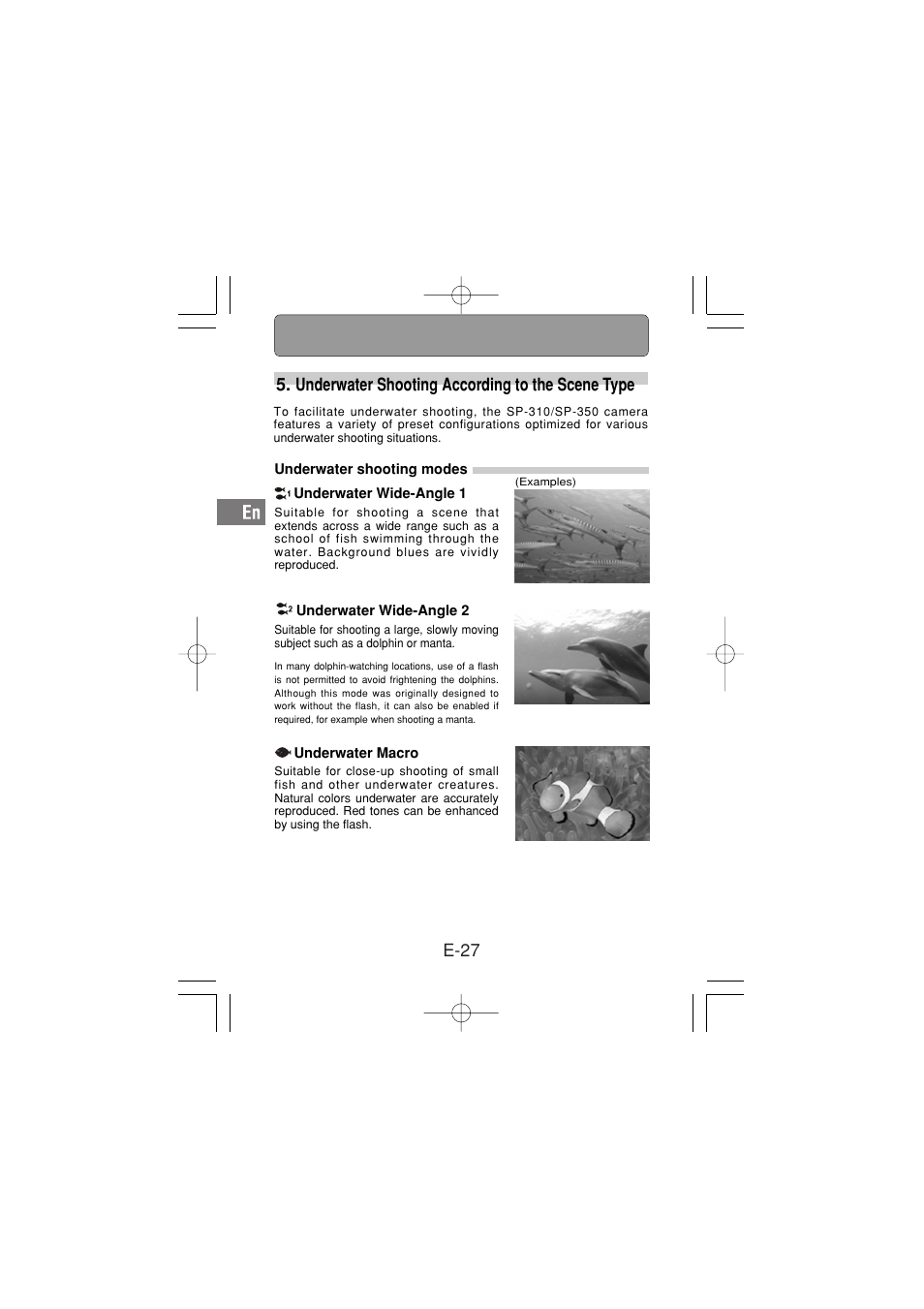 Underwater shooting according to the scene type, Underwater shooting modes, Underwater wide-angle 1 | Underwater wide-angle 2, Underwater macro | Olympus PT-030 User Manual | Page 28 / 44