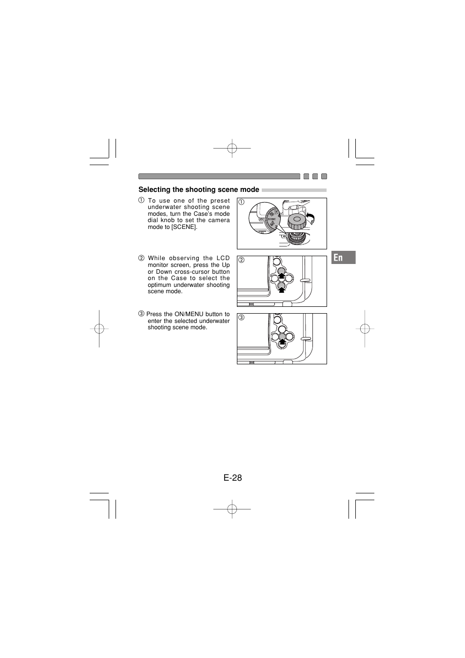 Selecting the shooting scene mode, E-28 | Olympus PT-030 User Manual | Page 29 / 44