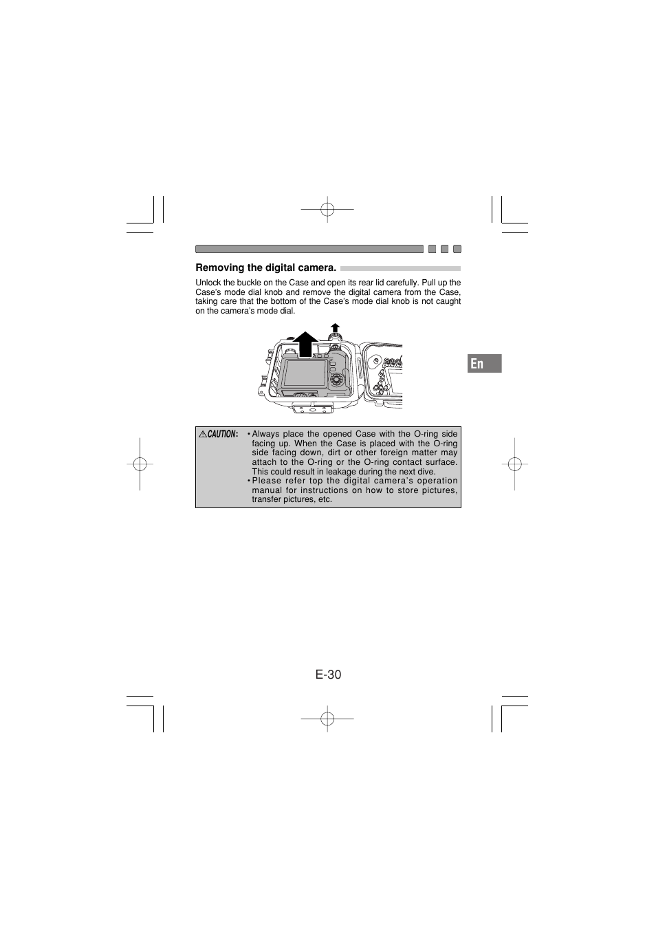 Removing the digital camera, E-30 | Olympus PT-030 User Manual | Page 31 / 44