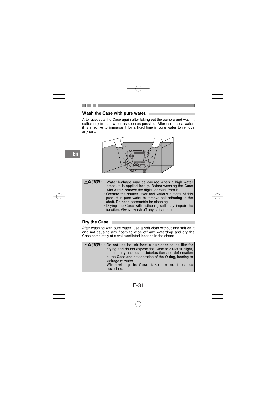 Wash the case with pure water, Dry the case, E-31 | Olympus PT-030 User Manual | Page 32 / 44