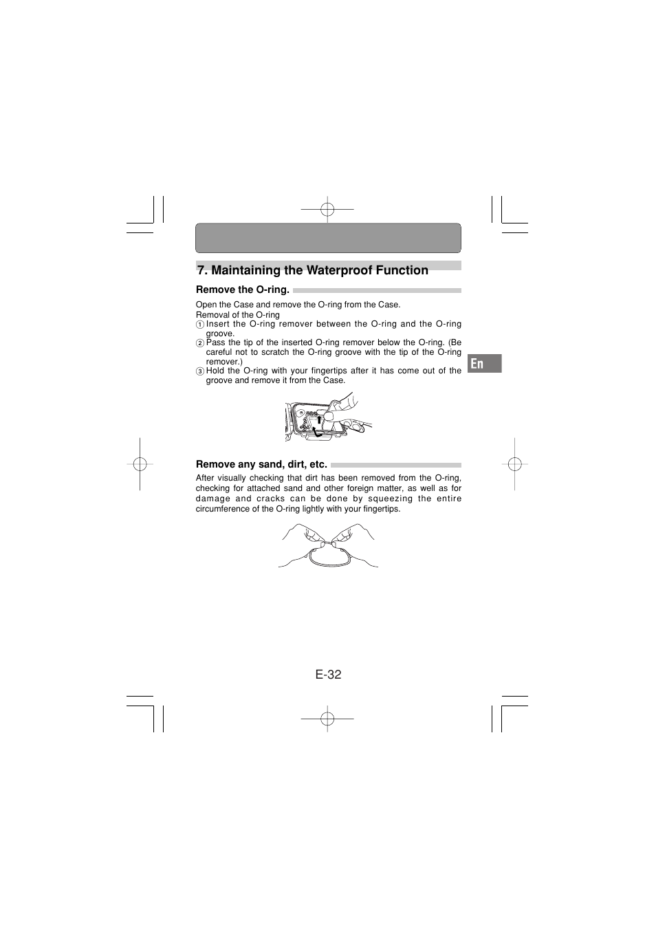 Maintaining the waterproof function, Remove the o-ring, Remove any sand, dirt, etc | E-32 7. maintaining the waterproof function | Olympus PT-030 User Manual | Page 33 / 44