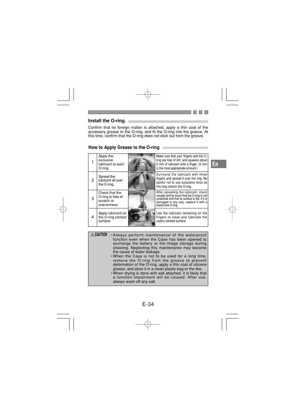 Install the o-ring, How to apply grease to the o-ring, E-34 | Olympus PT-030 User Manual | Page 35 / 44