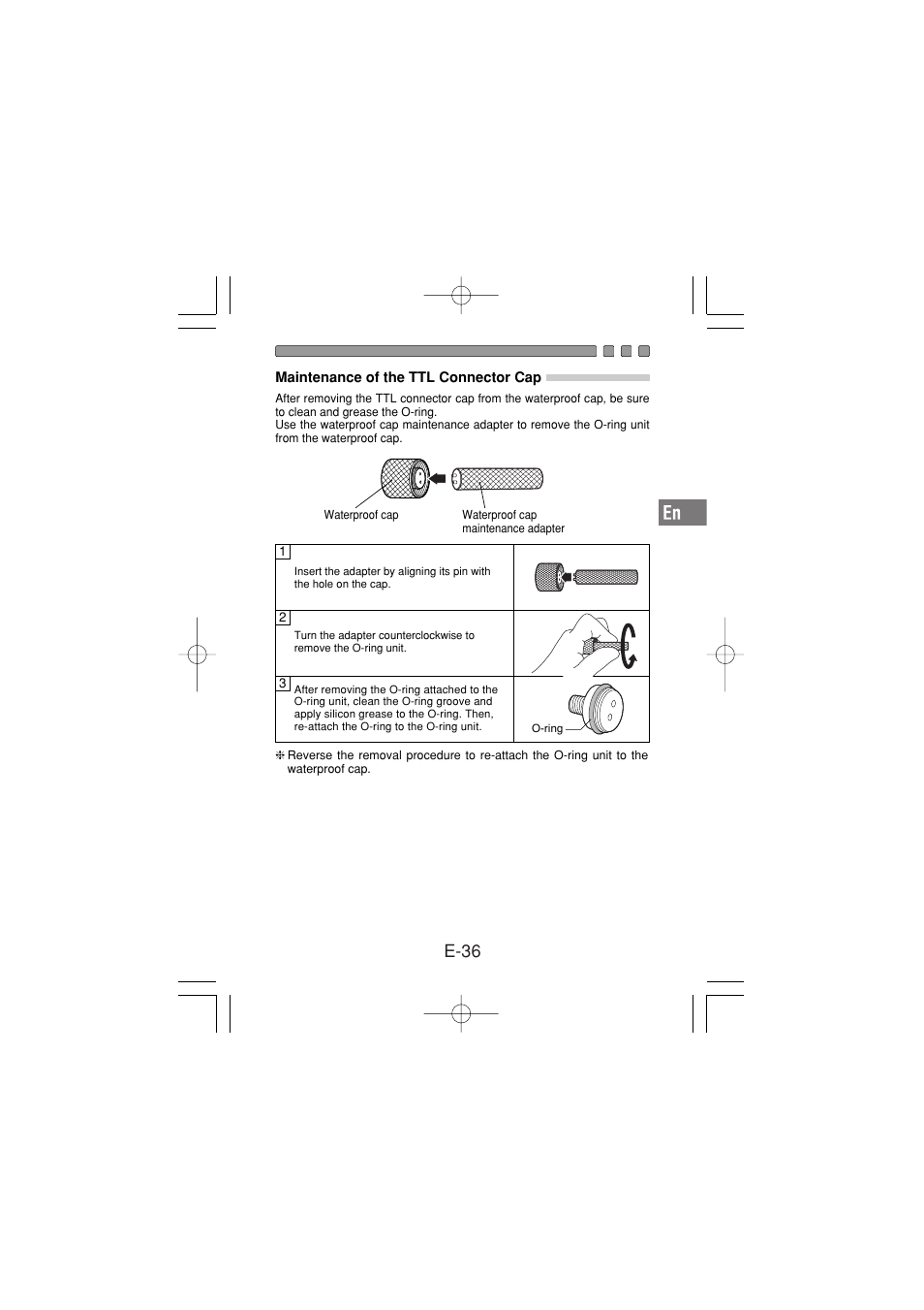 Maintenance of the ttl connector cap, E-36 | Olympus PT-030 User Manual | Page 37 / 44