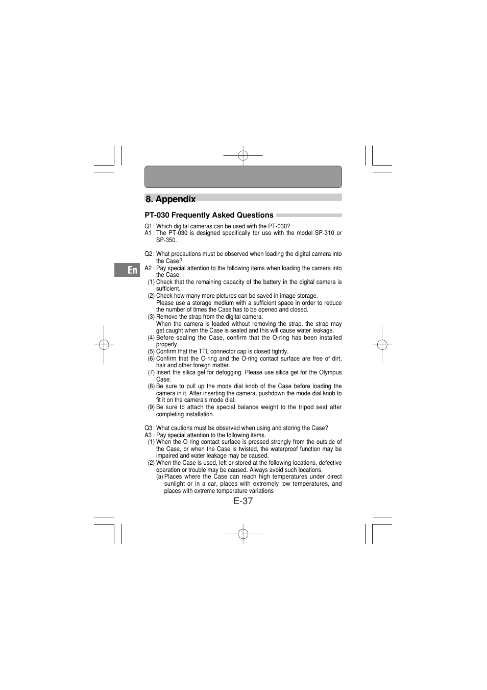 Appendix, Pt-030 frequently asked questions, E-37 8. appendix | Olympus PT-030 User Manual | Page 38 / 44