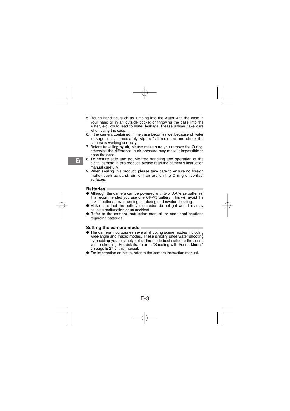 Batteries, Setting the camera mode | Olympus PT-030 User Manual | Page 4 / 44