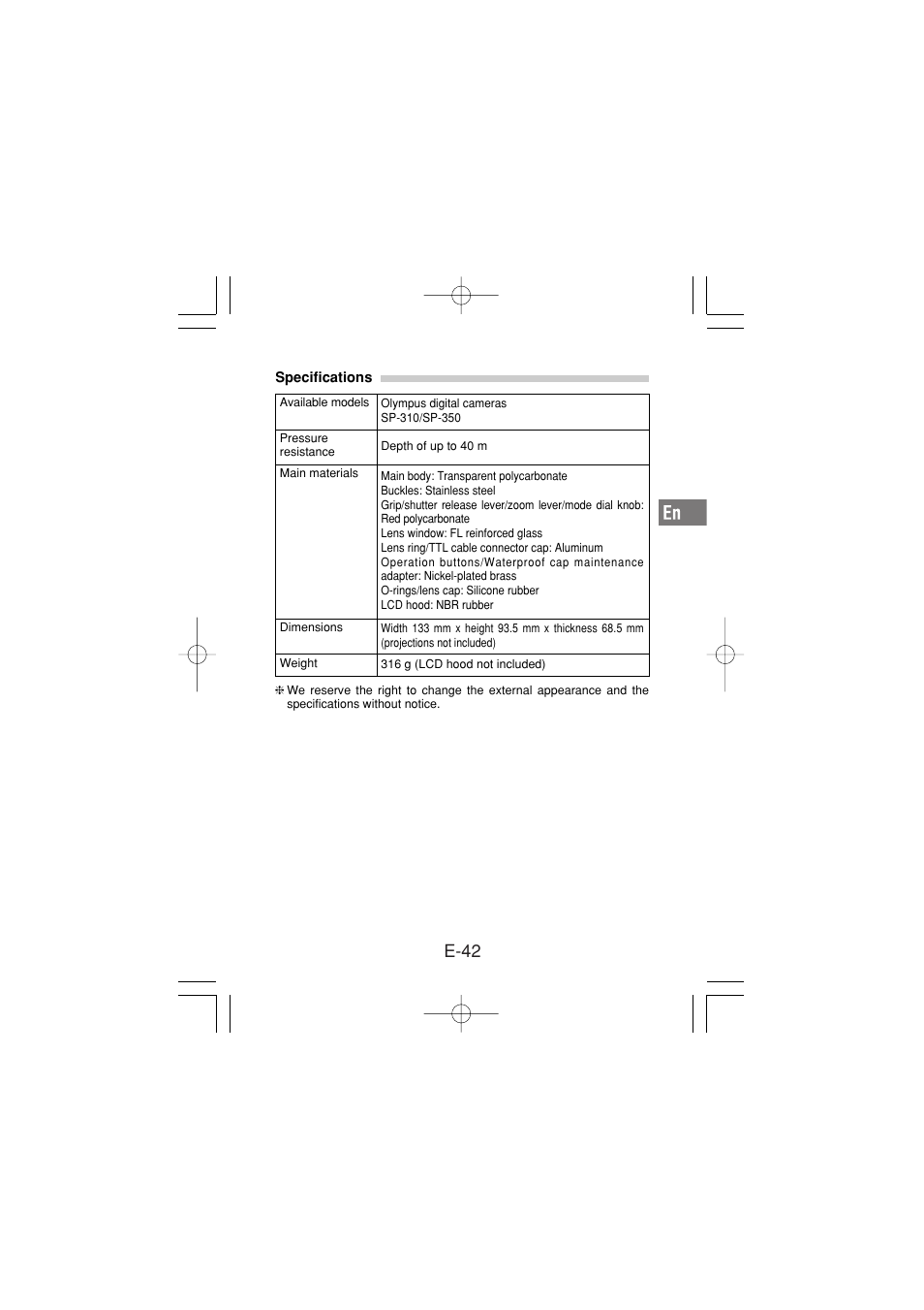 Specifications, E-42 | Olympus PT-030 User Manual | Page 43 / 44