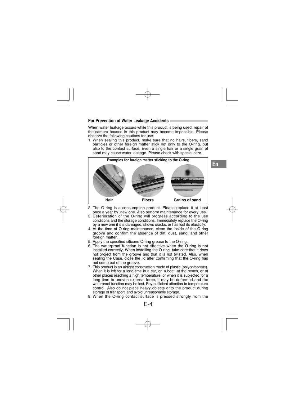 For prevention of water leakage accidents | Olympus PT-030 User Manual | Page 5 / 44