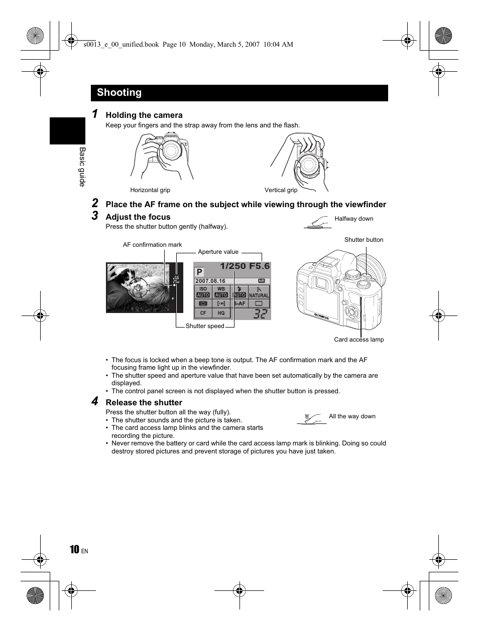 Shooting | Olympus EVOLT E-410 User Manual | Page 10 / 132