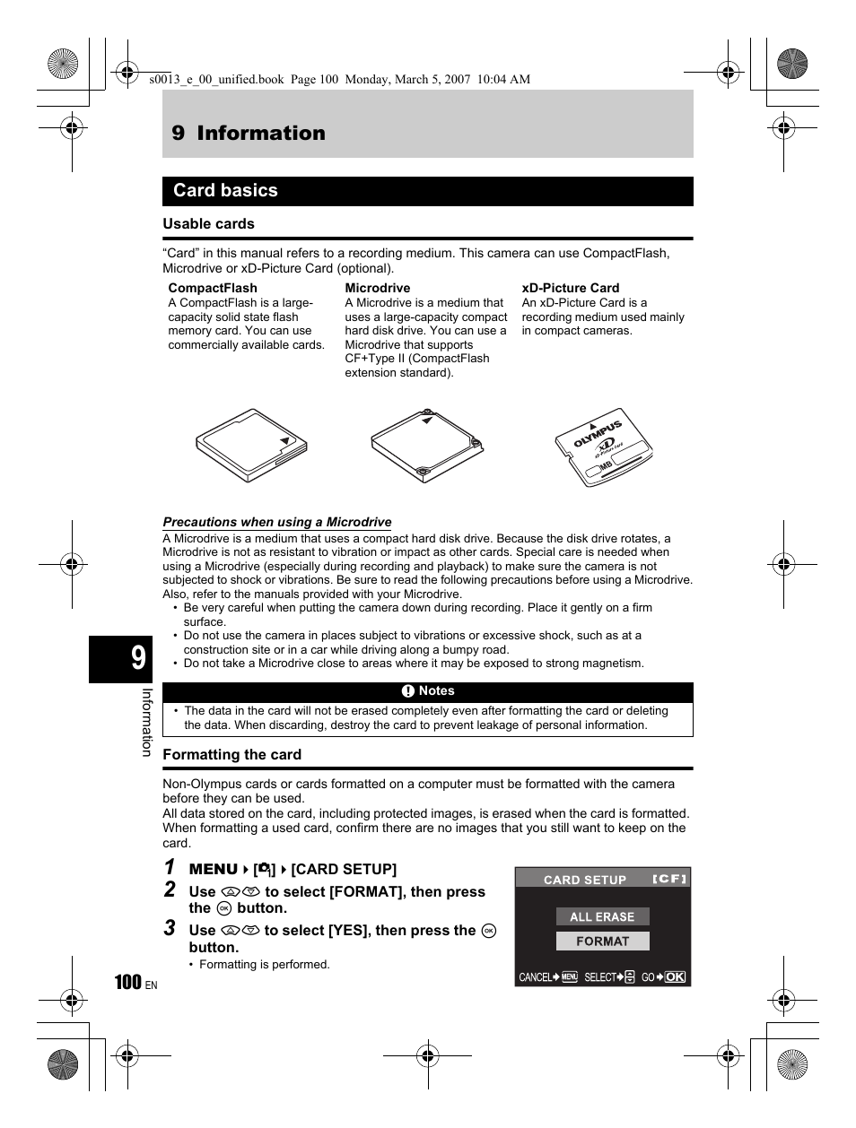 9 information, Card basics | Olympus EVOLT E-410 User Manual | Page 100 / 132