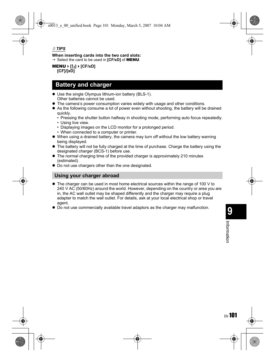 Battery and charger | Olympus EVOLT E-410 User Manual | Page 101 / 132