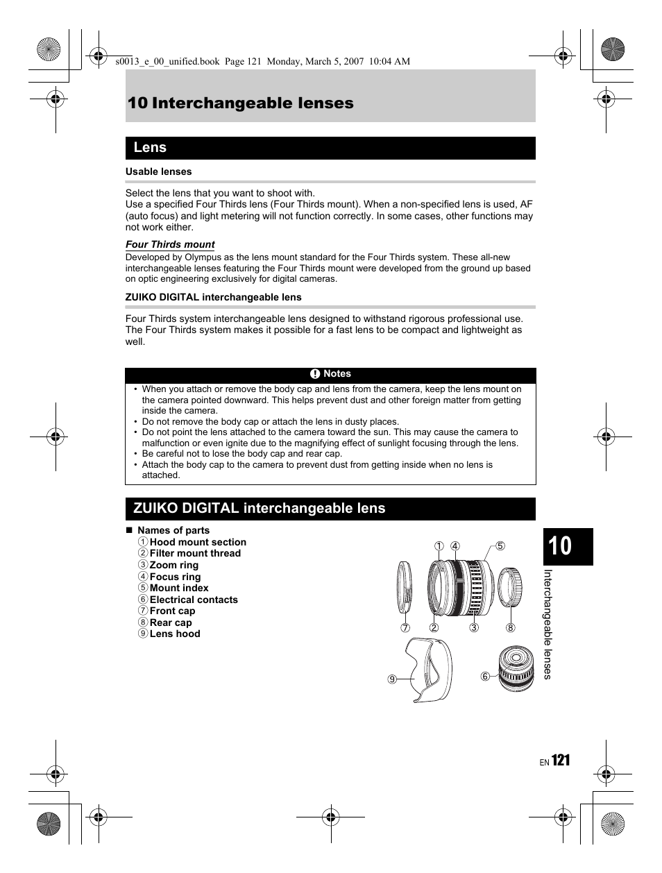 10 interchangeable lenses, Lens, Zuiko digital interchangeable lens | Olympus EVOLT E-410 User Manual | Page 121 / 132