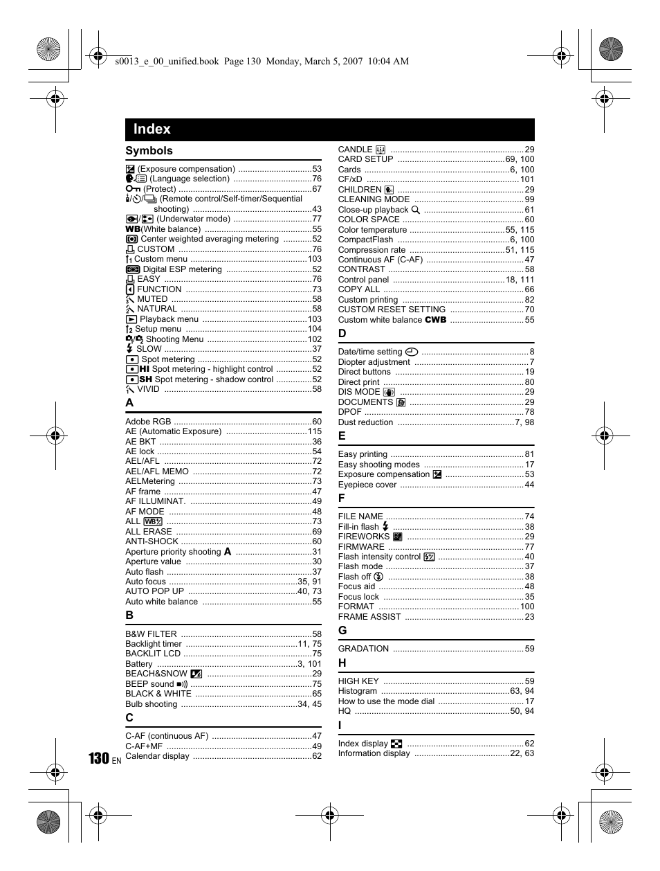 Index | Olympus EVOLT E-410 User Manual | Page 130 / 132