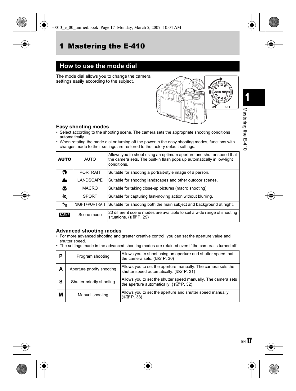 1 mastering the e-410, How to use the mode dial | Olympus EVOLT E-410 User Manual | Page 17 / 132