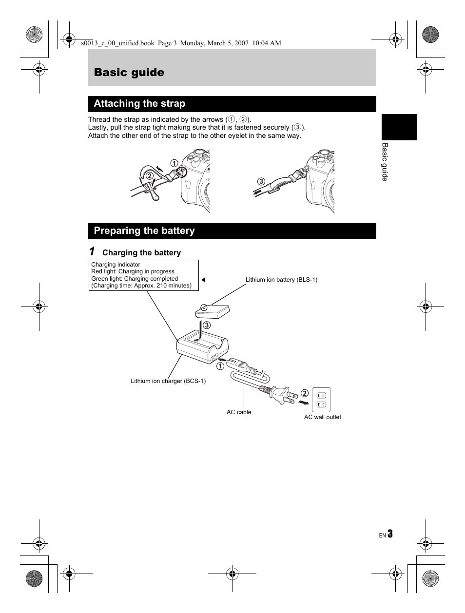 Basic guide, Attaching the strap preparing the battery | Olympus EVOLT E-410 User Manual | Page 3 / 132