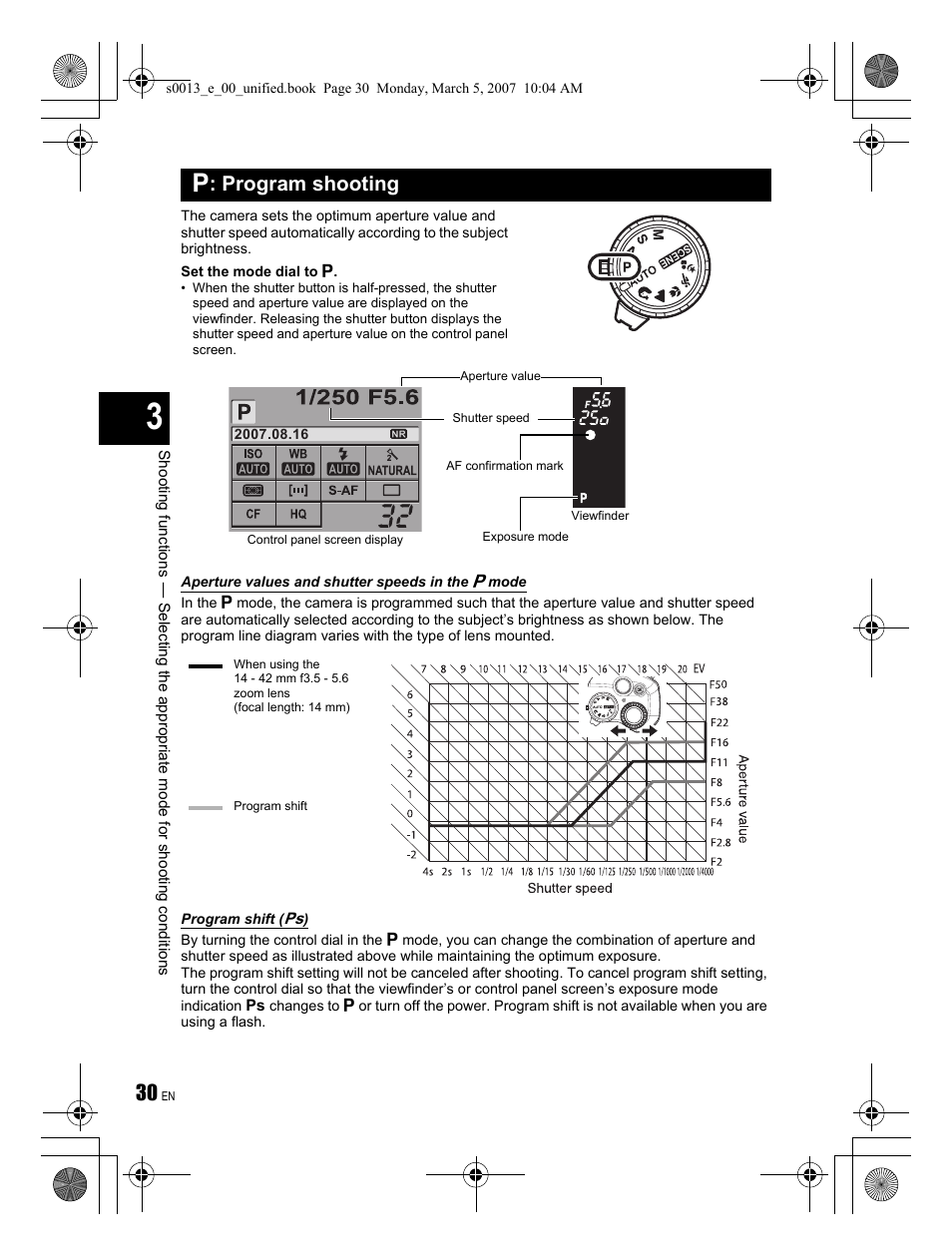 P : program shooting | Olympus EVOLT E-410 User Manual | Page 30 / 132