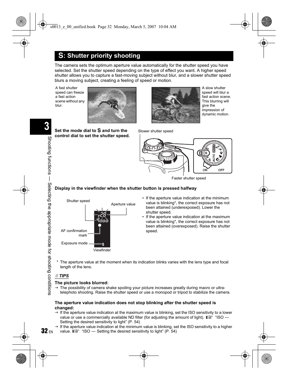 S : shutter priority shooting | Olympus EVOLT E-410 User Manual | Page 32 / 132