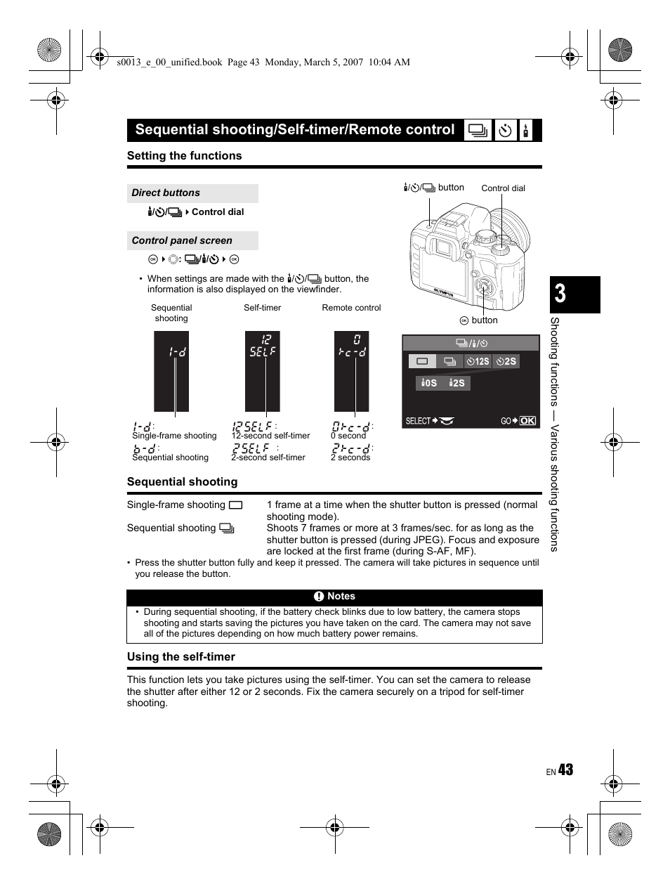 Sequential shooting/self-timer/remote control | Olympus EVOLT E-410 User Manual | Page 43 / 132