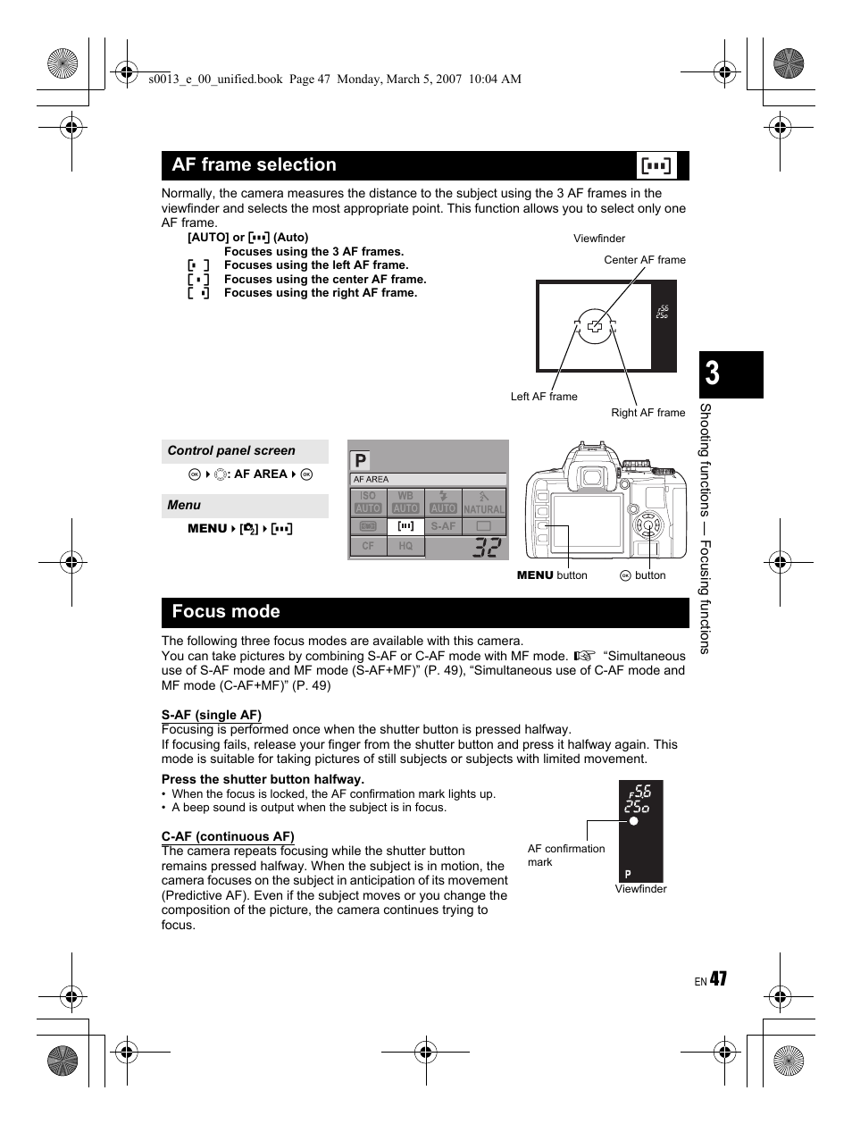 Af frame selection, Focus mode | Olympus EVOLT E-410 User Manual | Page 47 / 132