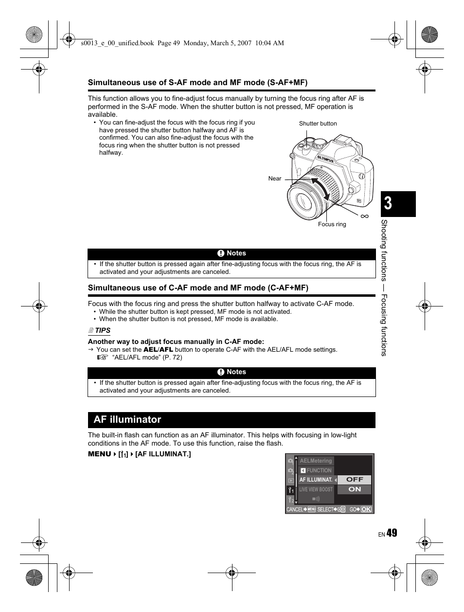 Af illuminator | Olympus EVOLT E-410 User Manual | Page 49 / 132