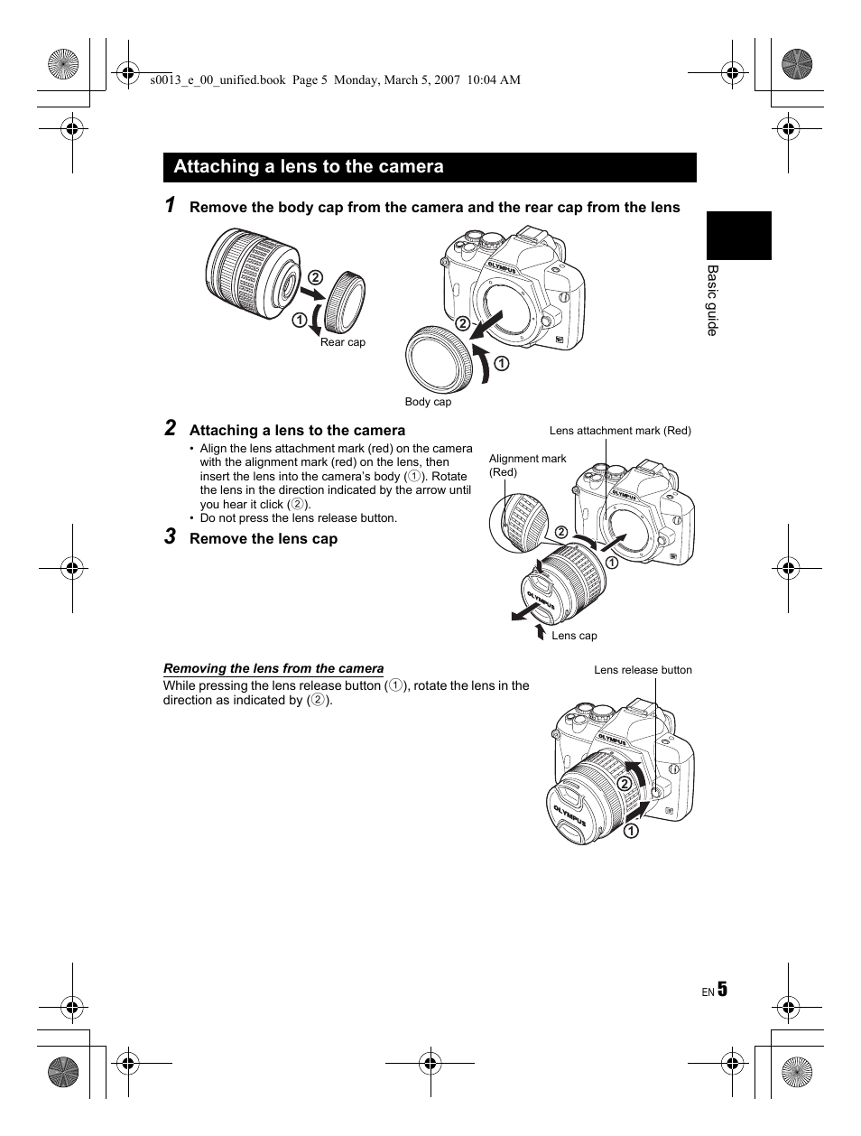 Attaching a lens to the camera | Olympus EVOLT E-410 User Manual | Page 5 / 132
