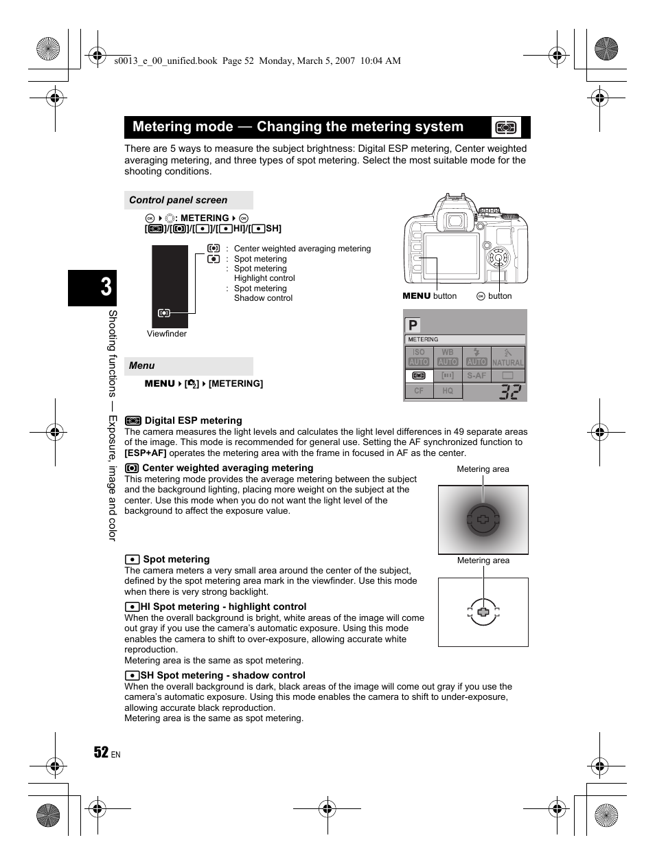 Metering mode k changing the metering system | Olympus EVOLT E-410 User Manual | Page 52 / 132