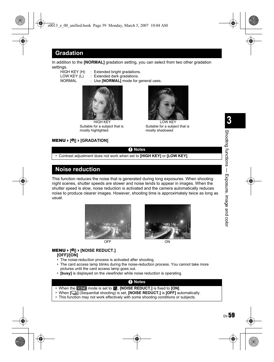 Gradation, Noise reduction | Olympus EVOLT E-410 User Manual | Page 59 / 132