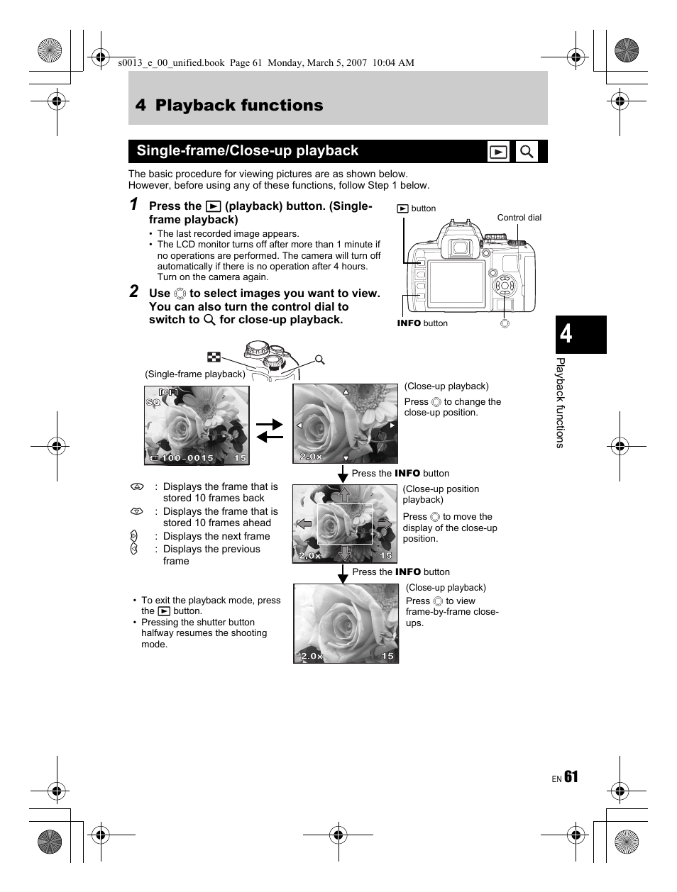 4 playback functions, Single-frame/close-up playback | Olympus EVOLT E-410 User Manual | Page 61 / 132