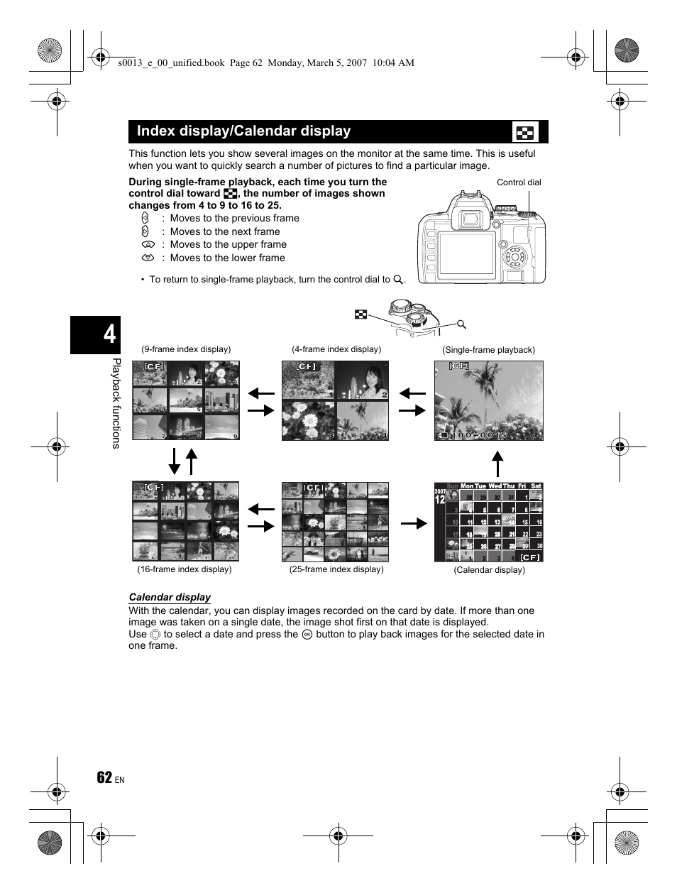 Index display/calendar display | Olympus EVOLT E-410 User Manual | Page 62 / 132
