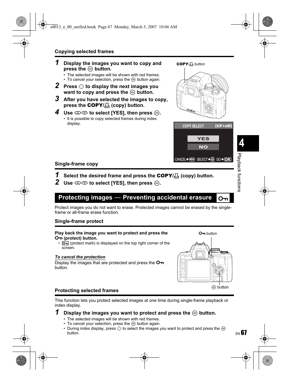 Protecting images k preventing accidental erasure | Olympus EVOLT E-410 User Manual | Page 67 / 132