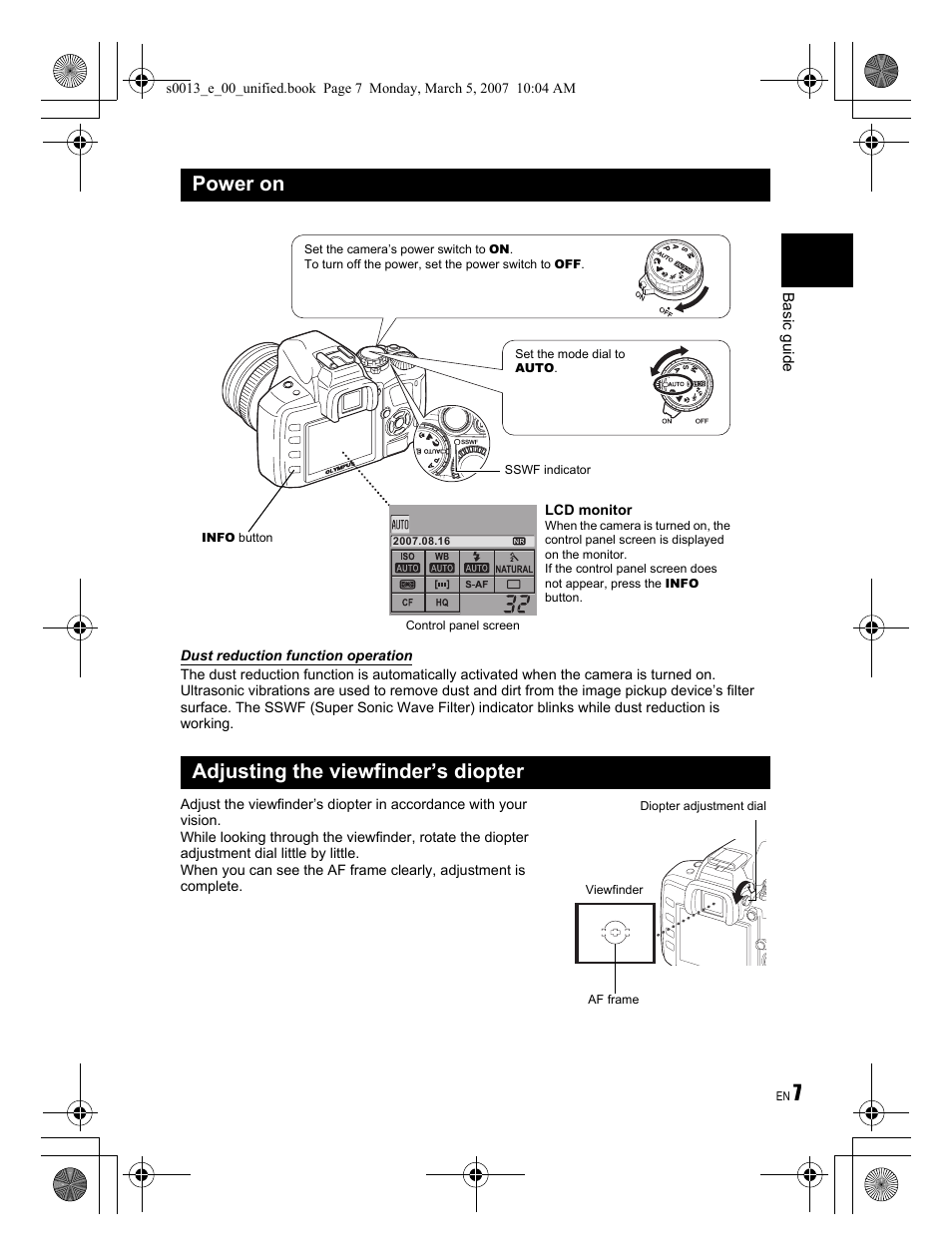 Power on adjusting the viewfinder’s diopter | Olympus EVOLT E-410 User Manual | Page 7 / 132