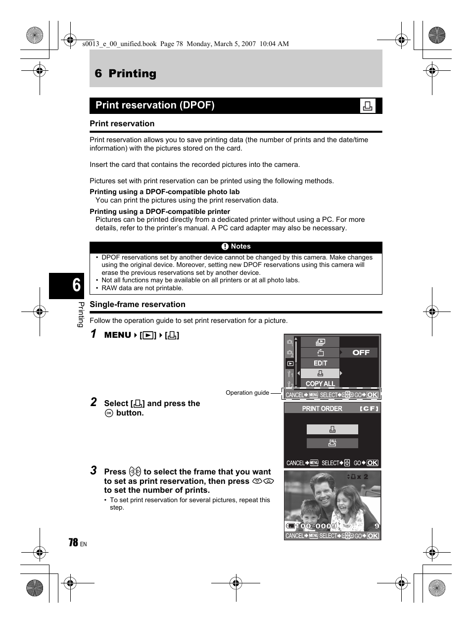 6 printing, Print reservation (dpof) | Olympus EVOLT E-410 User Manual | Page 78 / 132