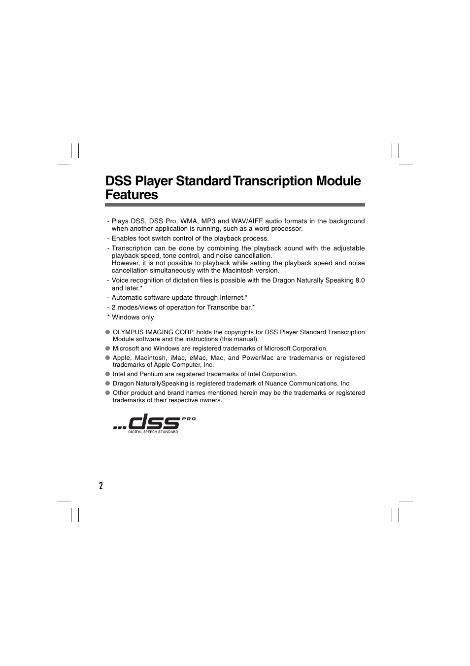 Dss player standard transcription module features | Olympus AS-2400 User Manual | Page 2 / 18