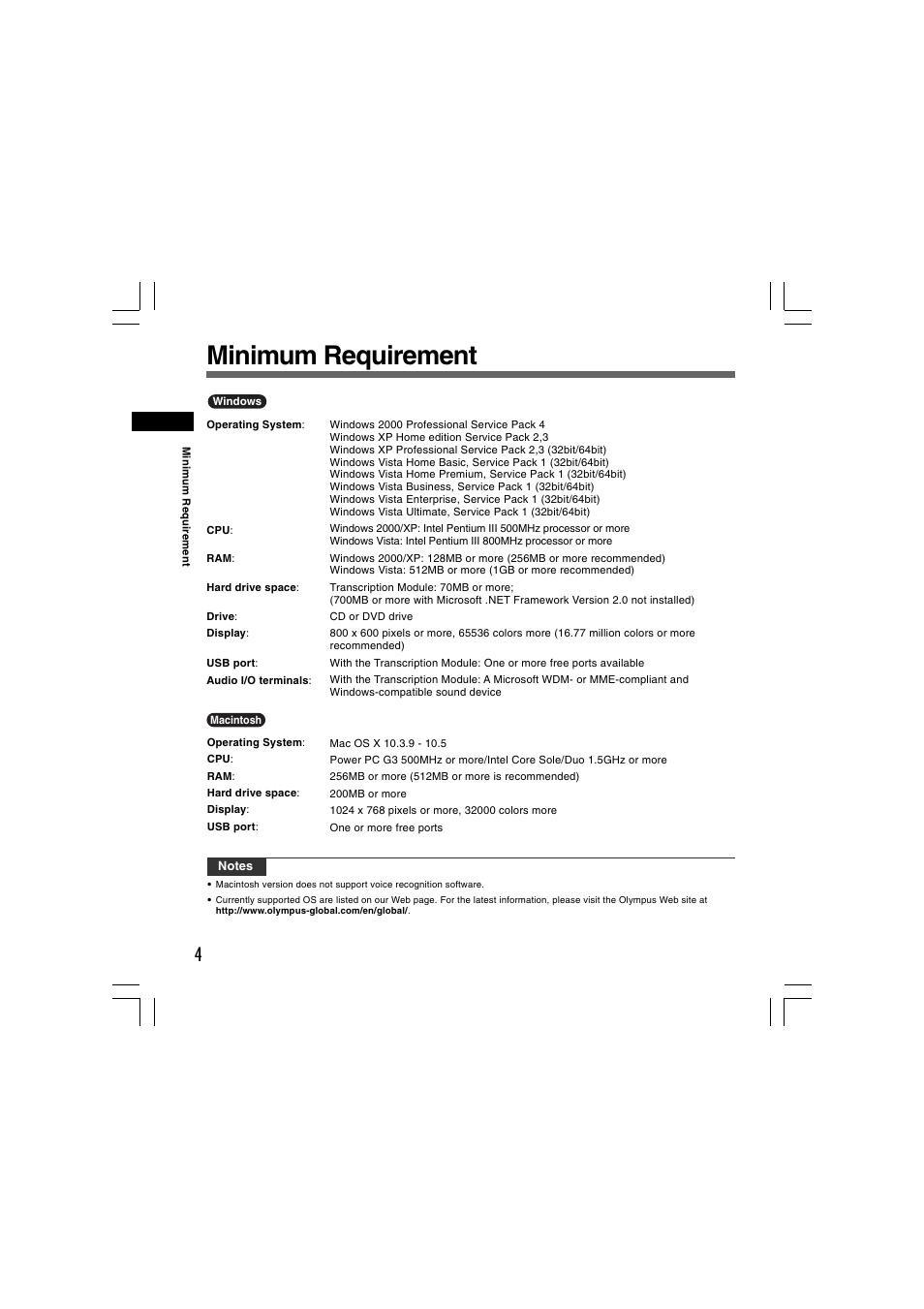 Minimum requirement | Olympus AS-2400 User Manual | Page 4 / 18