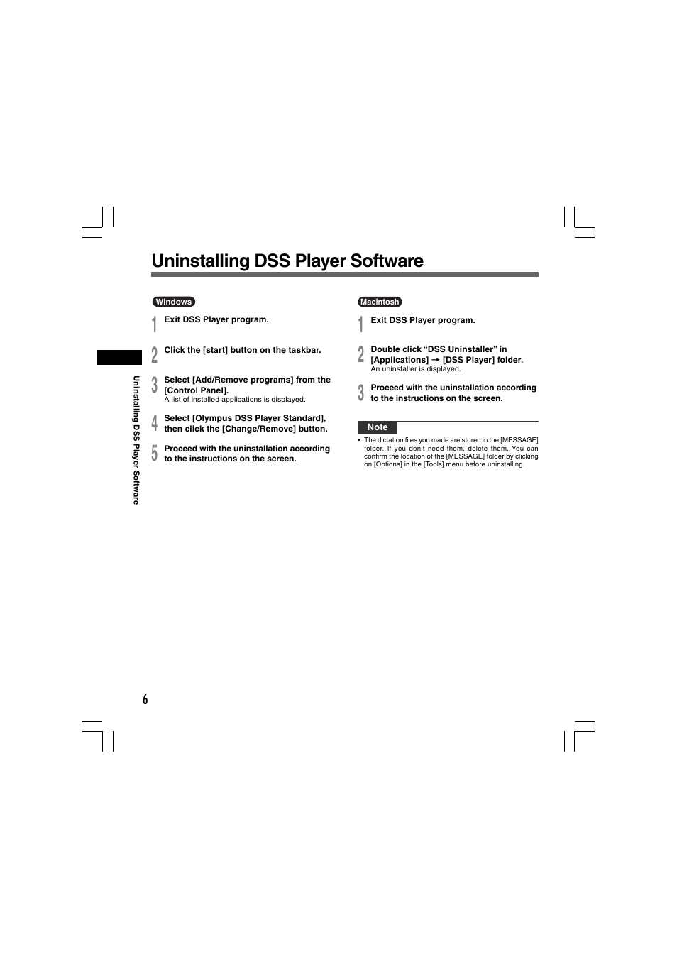 Uninstalling dss player software | Olympus AS-2400 User Manual | Page 6 / 18