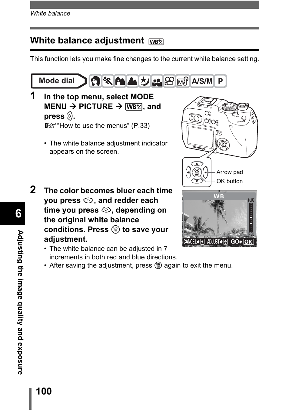 White balance adjustment, P.100 | Olympus C-5000 Zoom User Manual | Page 101 / 215